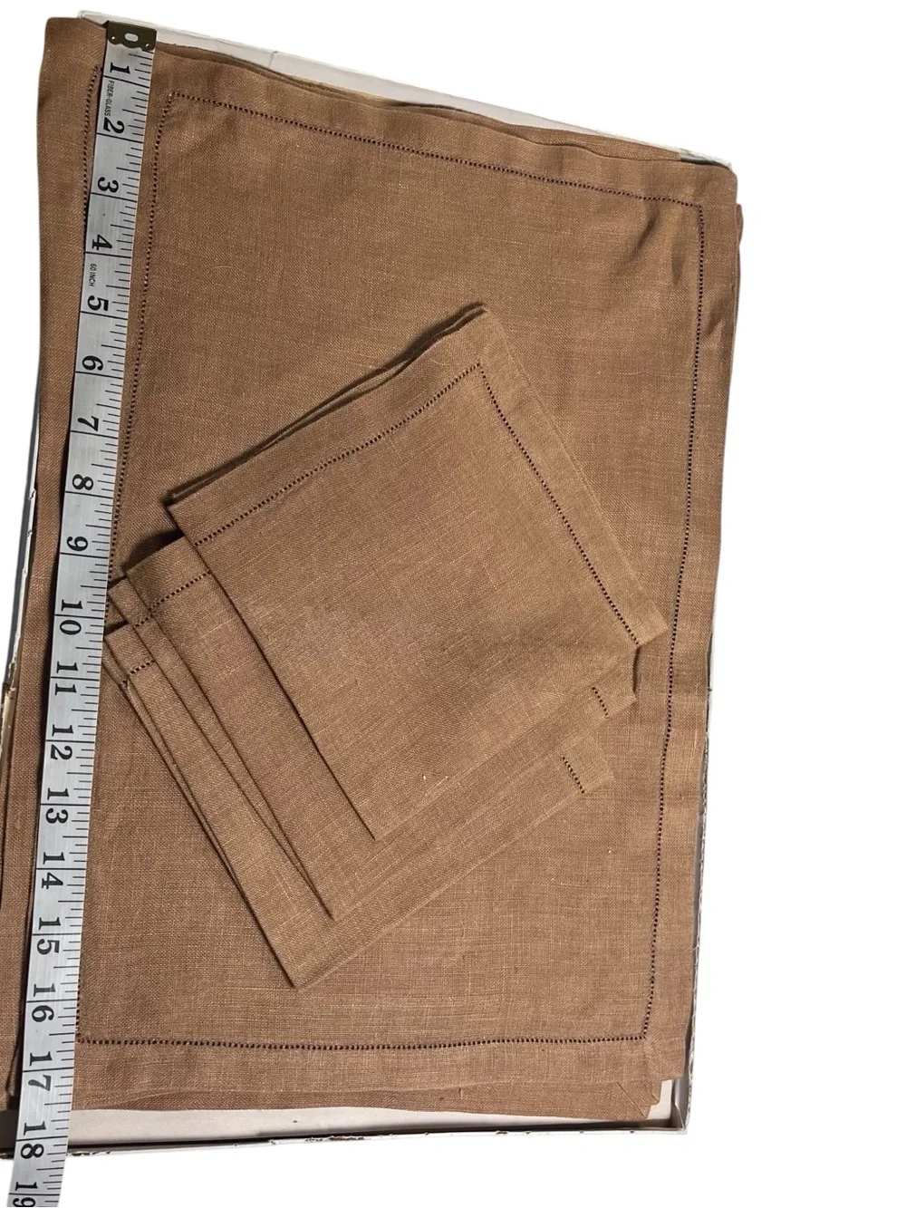 Vtg Belleair Royal Irish Linen Set Brown Hemstitch 7 Pcs (Missing 1 Napkin)